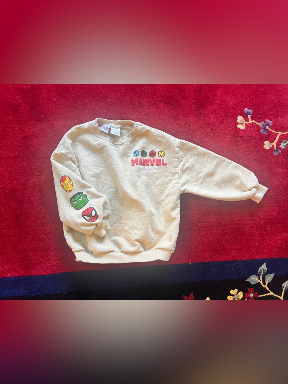 Zara Beige Marvel Kids Sweatshirt with Colorful Superhero Icons